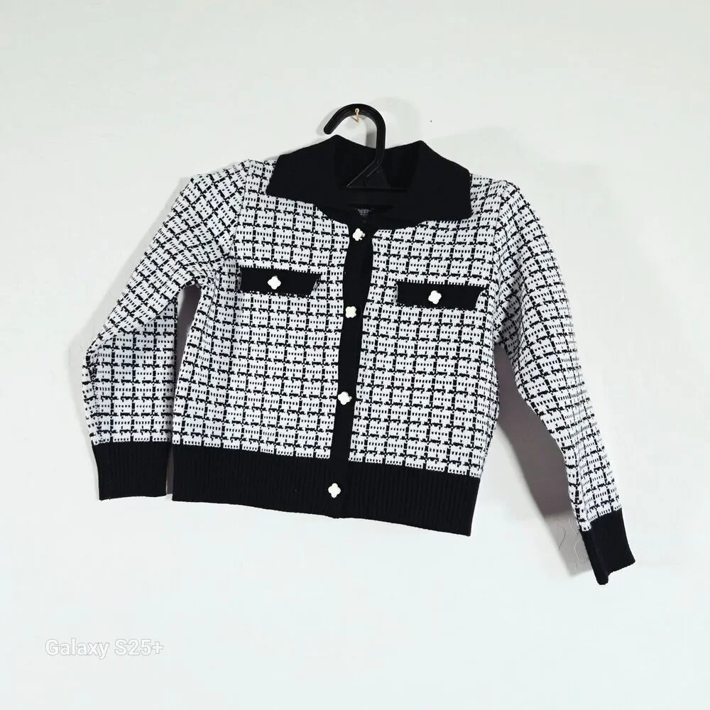 Toddler Girls Black White Tweed Knit Cardigan Sweater Size 3Y
